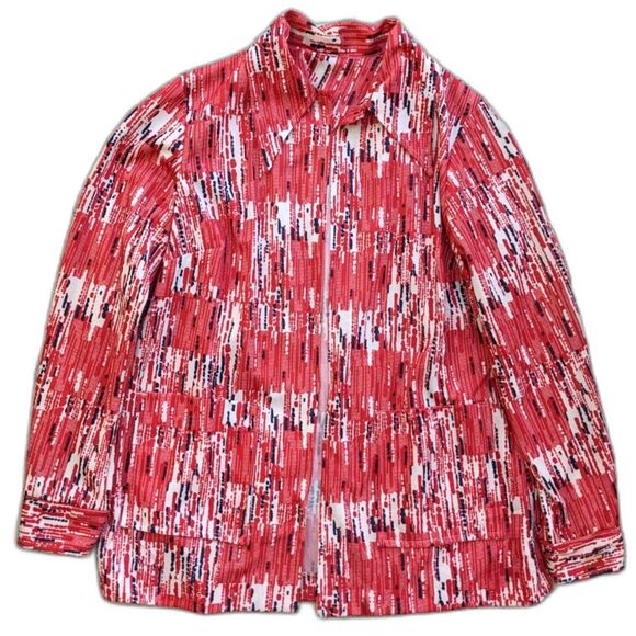 1970s Red White & Blue Abstract Print Dagger Collar Shaket w/Patch Pockets, Sz M - Picture 7 of 10